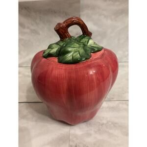 Vintage 1997 Cracker Barrel Red Delicious Apple Ceramic Cookie Jar Green Leaves